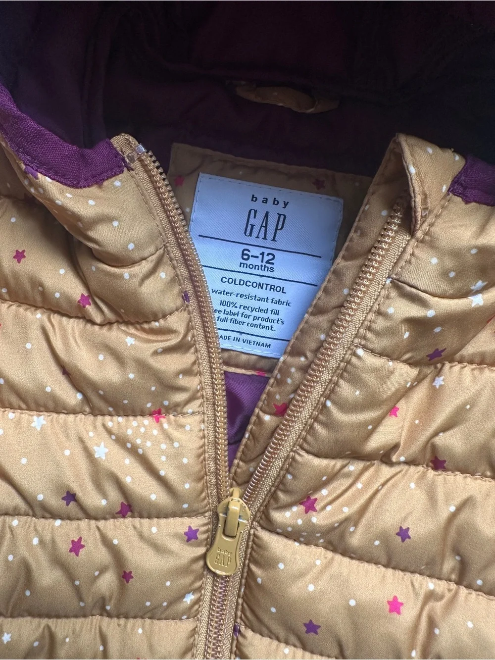 Baby Gap Golden Yellow ColdControl Puffer Jacket Zip Up Hood Pink Stars 6-12m